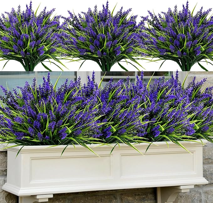 Geegoods 48 Bundles Artificial Plants Flowers Outdoor – Faux Lavender Flowers with Monkey Grass UV Resistant Plastic Faux Plants for Garden Porch Window Patio Hanging Planter Home Decor