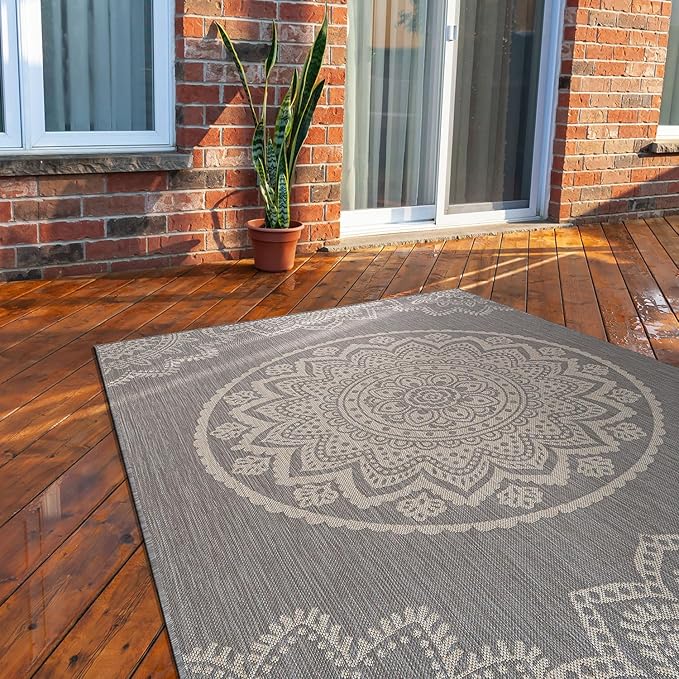CAMILSON Outdoor Rug 9x12 Modern Area Rugs for Large Indoor and Outdoor Patios and Porches - Waterproof Washable Non-Shedding Easy-to-Clean Outside Carpet (9 x 12, Medallion - Grey/White)