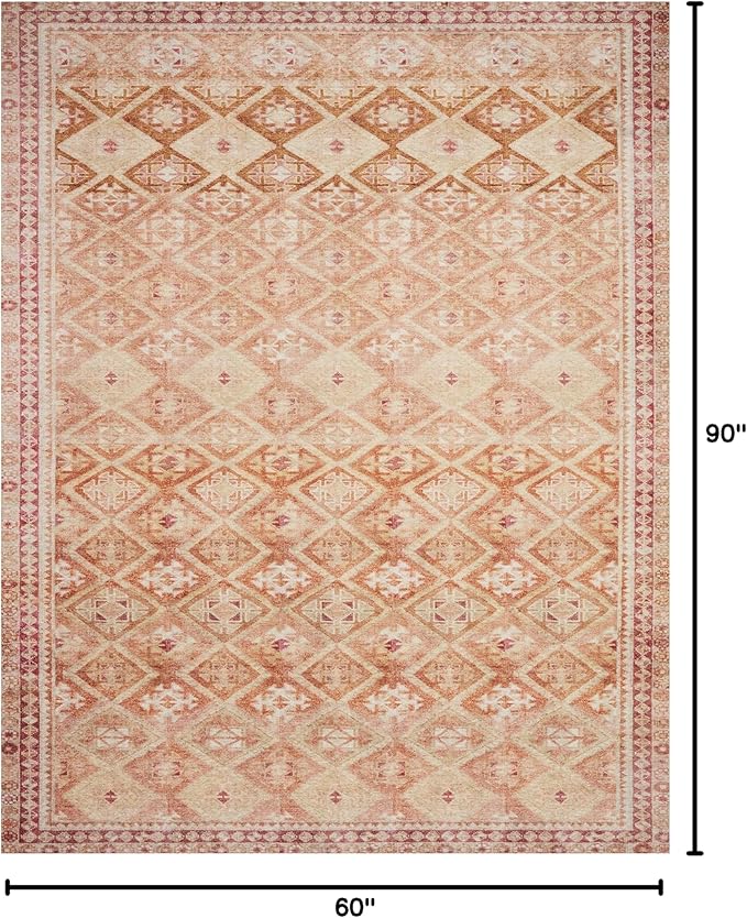 Loloi Layla Collection LAY-16 Natural/Spice 5'-0" x 7'-6" .13" Thick Area Rug, Soft, Durable, Vintage Inspired, Distressed, Low Pile, Non-Shedding, Easy Clean, Printed, Living Room Rug