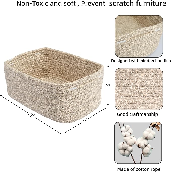 Small Woven Storage Baskets 12“X8”X5“ Decorative Rope Bins for Organizing Shelves, Closets, and Toys, Empty Gift Baskets, Cute Organizer Basket for Home and Office (oatmeal, regular)