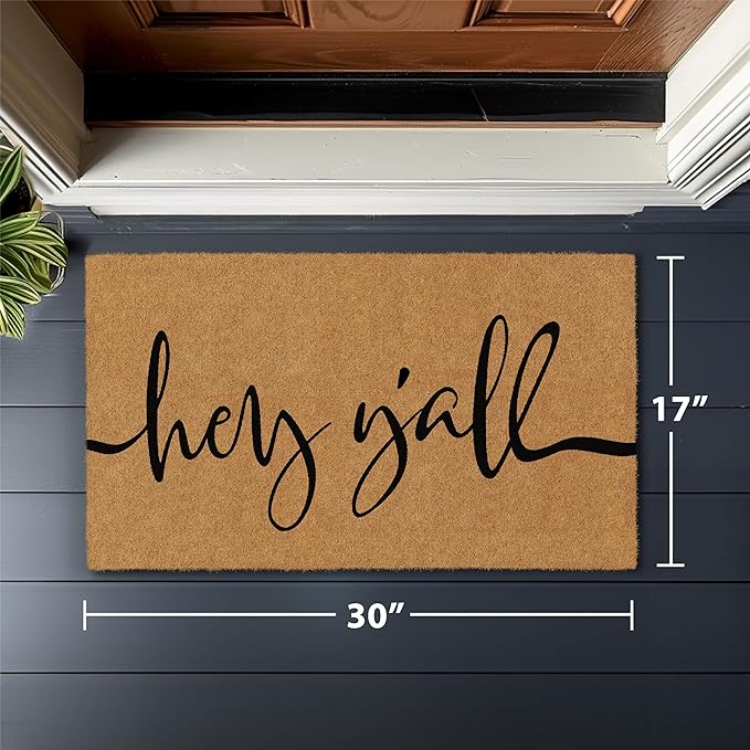 Barnyard Designs Natural Coco Coir Heavy Duty Backing Doormat - Large Cute Non-Slip Front Door Welcome Mat for Outside Entrance or Porch Entry, Brown (17x 30, Y'all)