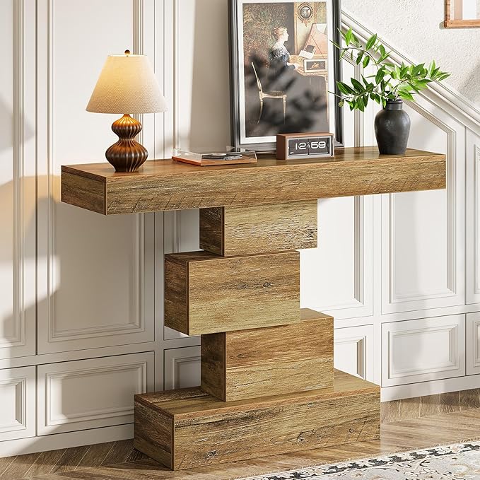 Tribesigns 42.5" Farmhouse Console Table, Narrow Wood Sofa Table Behind Couch with Geometric Base, Industrial Entryway Accent Table for Living Room, Hallway, Entrance (Light Brown)