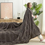 Amélie Home Luxury Striped Faux Fur Throw Blanket for Couch, Embossed Split Fur Cozy Fuzzy Fluffy Luxurious Soft Plush Sofa Chair Bed Gift Blankets for Women Men Wife Friend, 60"x80", Charcoal Gray