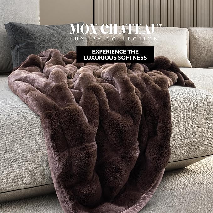 Mon Chateau Premium Reversible Luxury Faux Fur Throw for Couch, Sofa, or Bed - Plush Cozy Soft Blanket for Sleeping or Home Décor, 60" x 70" (Brown)