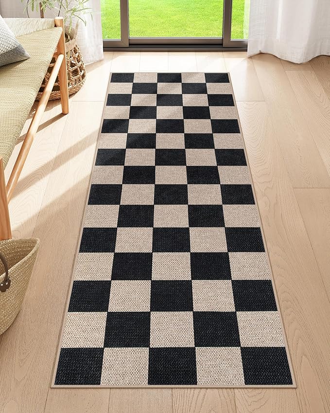 Lahome Checkered Easy Jute Runner Rug, 2x6 Kitchen Runner Rug Non Slip Washable Outdoor Carpet for Entryway Indoor, Checkerboard Black Indoor Outdoor Carpet Runners for Hallway 6ft Entry