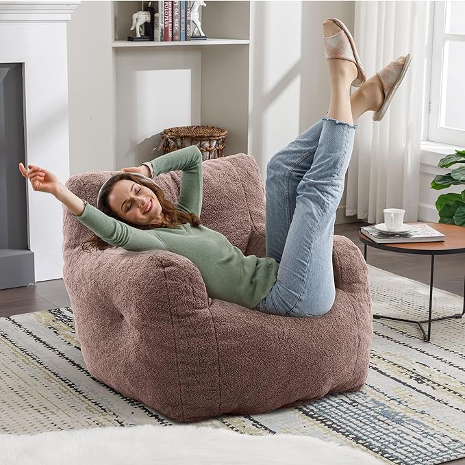 Recaceik Bean Bag Chairs, Tufted Soft Stuffed Bean Bag Chair with Filler, Fluffy Lazy Sofa Chair Lounger, Comfy Giant Bean Bag Chair for Bedroom, Living Room, Brown