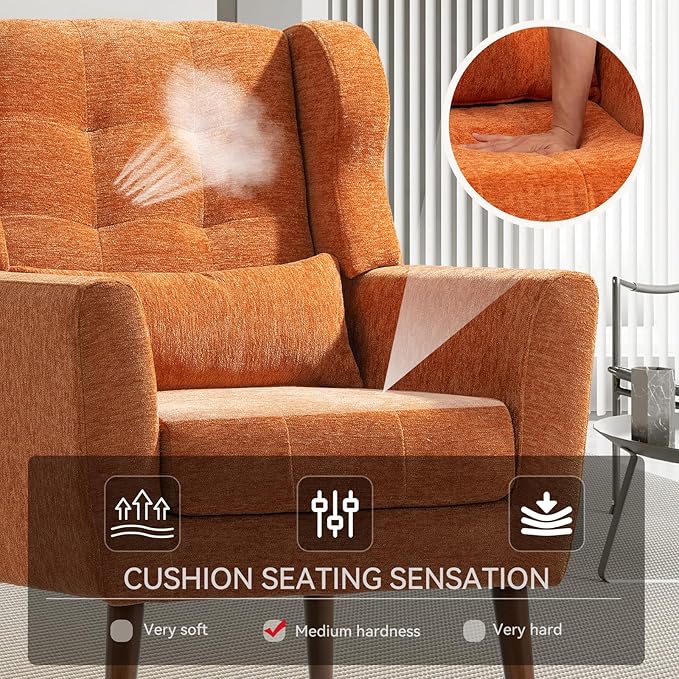 Modern Accent Chair, Upholstered Armchair with Pillow, Fabric Single Sofa Chair with Lounge Seat and Wood Legs Accent Chair for Living Room Bedroom Small Spaces (Orange, Set of 1)