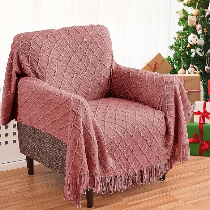 inhand Knitted Throw Blankets for Couch and Bed, Soft Cozy Knit Blanket with Tassel, Coral Pink Lightweight Decorative Blankets and Throws, Farmhouse Warm Woven Blanket for Men and Women, 60"x80"