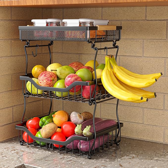 Giwil 3 Tier Countertop Fruit Mesh Basket for Kitchen, Vegetable Storage Bread Fruit Bowl Stand with 2 Banana Hooks, Wall Mounted Metal Wire Basket Organizer for Potato Onion, Black