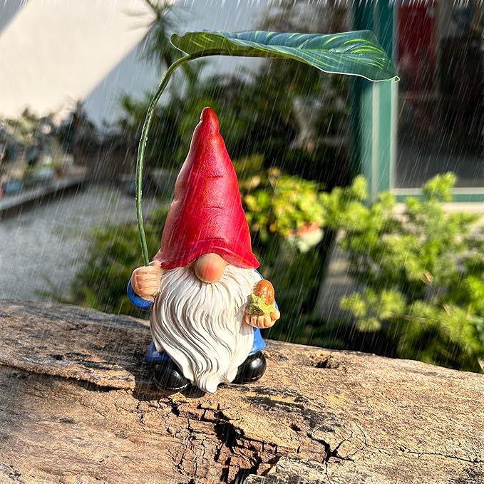 Garden Gnome Statue Decoration with Leaf Umbrella, 6.5” Figurine Ornament for Indoor Outdoor Home Patio Yard Lawn, for Gnome Lovers & Garden Enthusiasts，Mom，Women