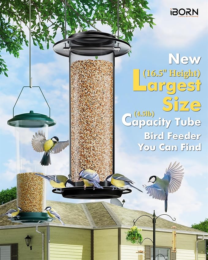 iBorn Metal Bird Feeder for Outside Hanging,Wild Bird Feeders for Cardinal,18cm Large Roof&Green,42CM Long,4.5lb High-Capacity(Seed is not Included)