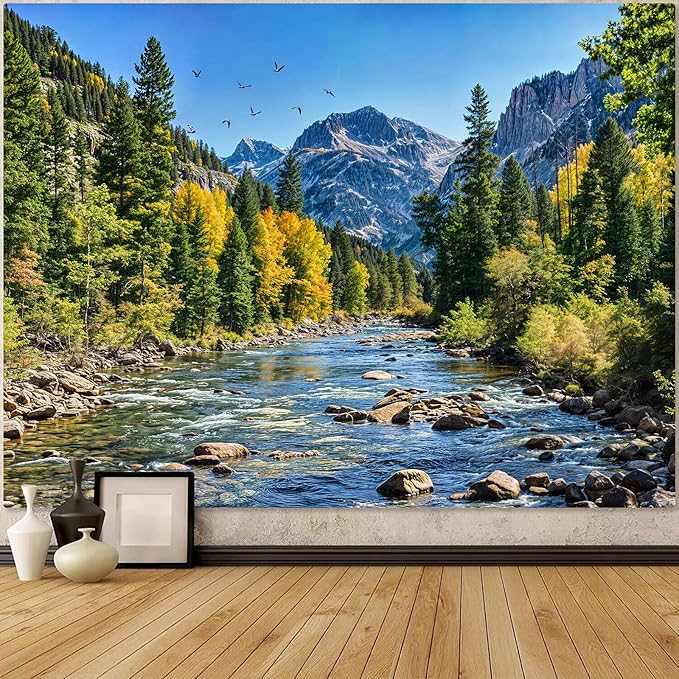 AMM Nature Forest Mountain Tapestry Green Pine Tree Tapestry for Bedroom Aesthetic Flowing River Landscape Tapestries Wall Hanging Bird Decor for Living Room Classroom Dorm Office
