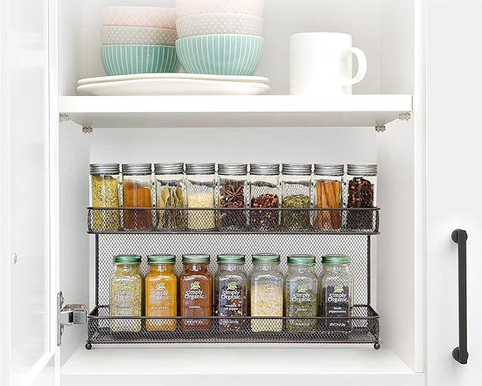 CAXXA 2 PK 2 Tier Mesh Kitchen Counter-top or Wall Mount Spice Rack Jars Storage Organizer, Bronze