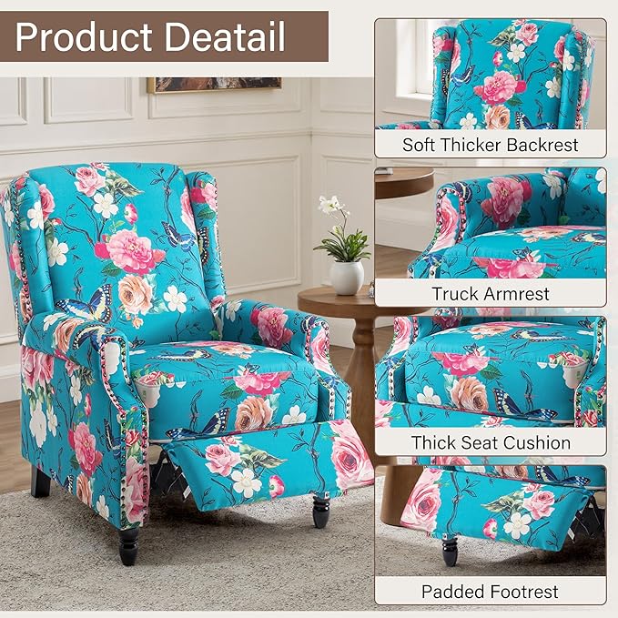 UIXE Floral Pushback Recliner Chair, Fabric Upholstered Armchair Push Back Accent Chair for Living Room, Rivet Trim Club Chair Home Theater Single Sofa Reading Seat - Peacock Blue