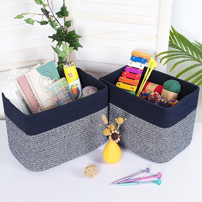 MINTWOOD Design 3-Pack Storage Baskets for Shelves, Playroom and Classroom, Book Basket, Decorative Storage Cube Bins, Woven Closet Organizers, Pantry and Shoe Organizer, Navy Blue
