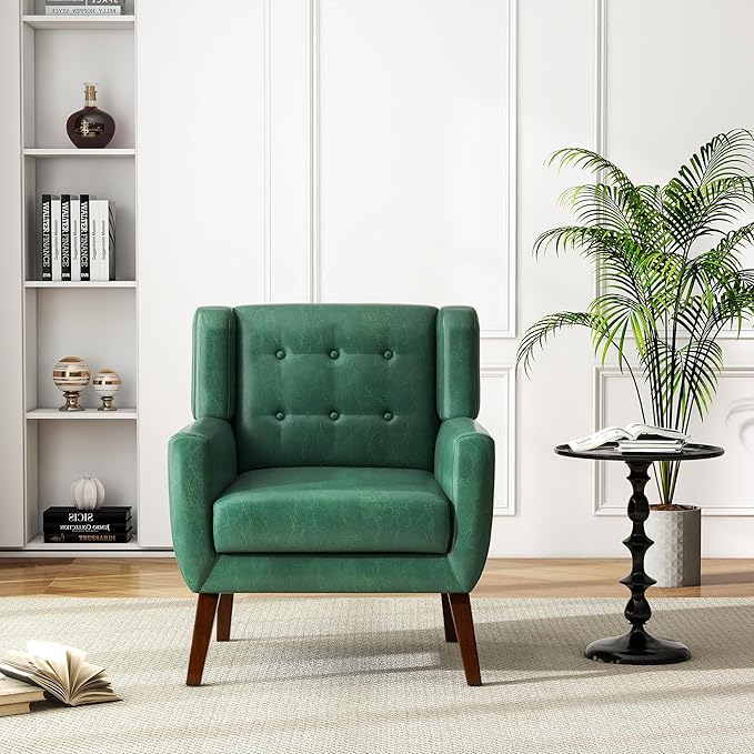 UIXE Faux Leather Accent Chair, Modern Arm Club Chair Upholstered Armchair for Living Room, Comfy Single Sofa Seats Button Tufted Reading Seating, Green