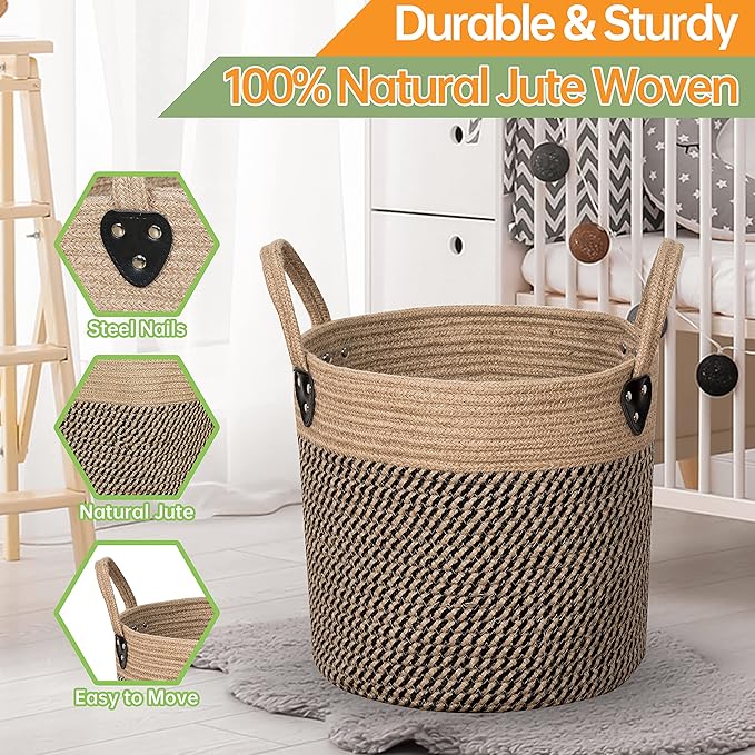 14"x12" Natural Jute Rope Woven Storage Basket with Handles for Plant, Blankets,Toys,Clothes,Shoes - Living Room Home Decor,Multifunctional Basket for Organizer,Picnic,Artificial Tree