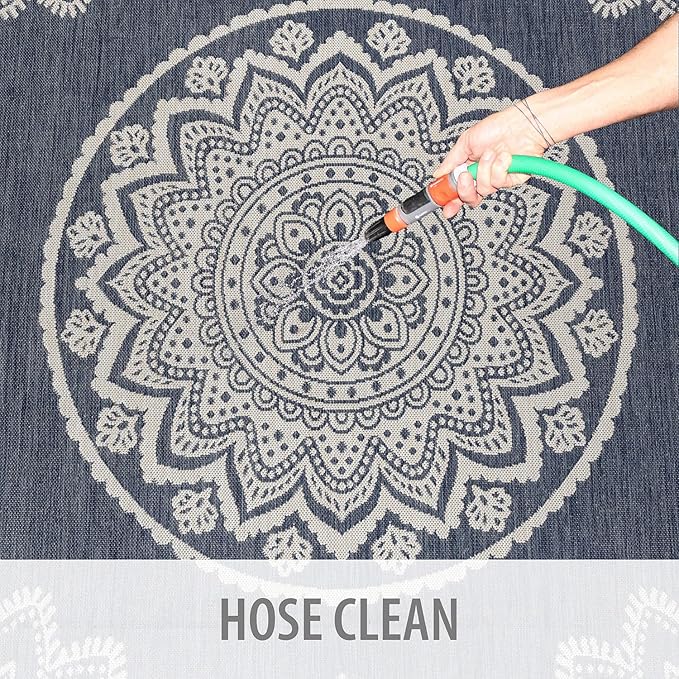 CAMILSON Outdoor Rug 10x14 Modern Area Rugs for Large Indoor and Outdoor Patios and Porches - Waterproof Washable Non-Shedding Easy-to-Clean Outside Carpet (10 x 14, Medallion - Blue/White)