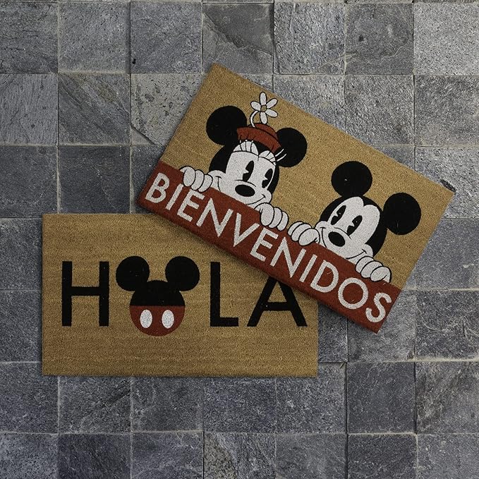 Gertmenian Disney Mickey Mouse Doormat Rug Retro Front Door Coir Mat Welcome Home Indoor Outdoor Entryway Carpet, 2-Pack 20x34, Minnie Bienvenidos/Hola