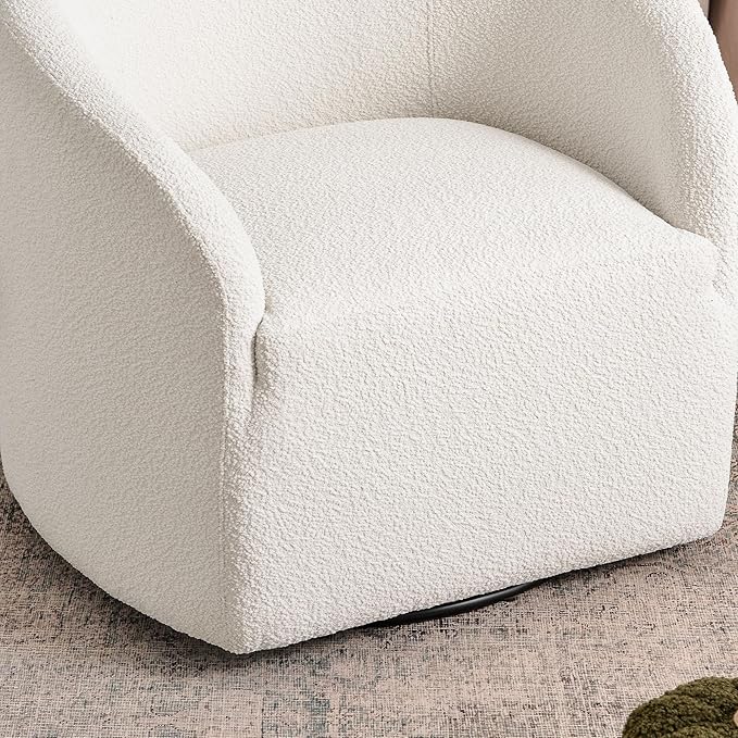 KINWELL 32" Wide Modern Boucle Swivel Barrel Chair, No Assembly Round Upholstered Swivel Accent Armchair for Living Room, Bedroom, Office (White)