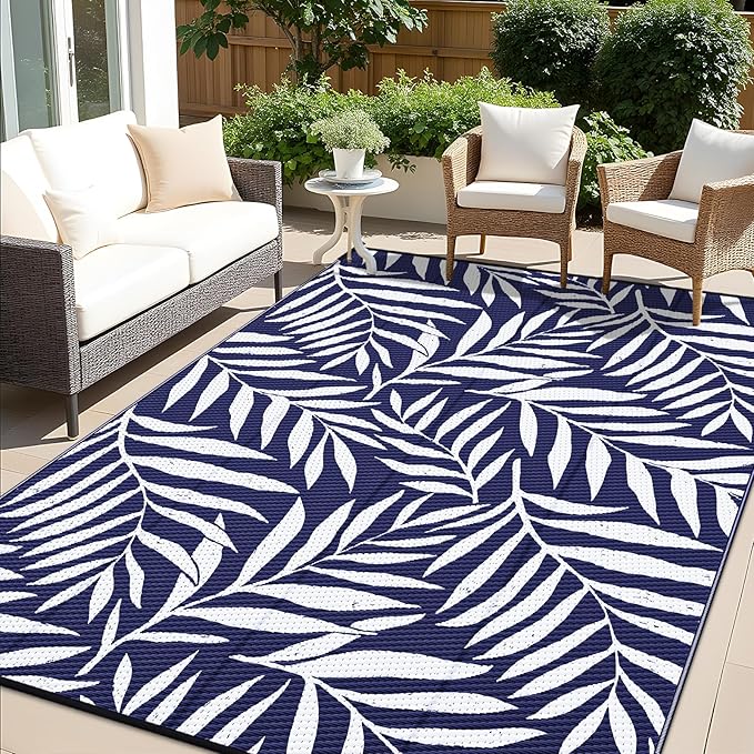 OLANLY Waterproof Outdoor Rug 9x12 ft, Reversible Outdoor Plastic Straw Rug with Leaf Pattern, RV Mat, Indoor Outdoor Carpet for Patio, Camping, Balcony, Deck, Backyard, Navy & White
