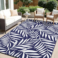 OLANLY Waterproof Outdoor Rug 8x10 ft, Reversible Outdoor Plastic Straw Rug with Leaf Pattern, RV Mat, Indoor Outdoor Carpet for Patio, Camping, Balcony, Deck, Backyard, Navy & White