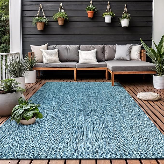 Washable Indoor Outdoor Rug 9x12 Weather Resistant Area Rugs Modern Solid for Porch Deck Balcony Backyard Patio Outside Carpet (9 X 12 Aqua Blue)