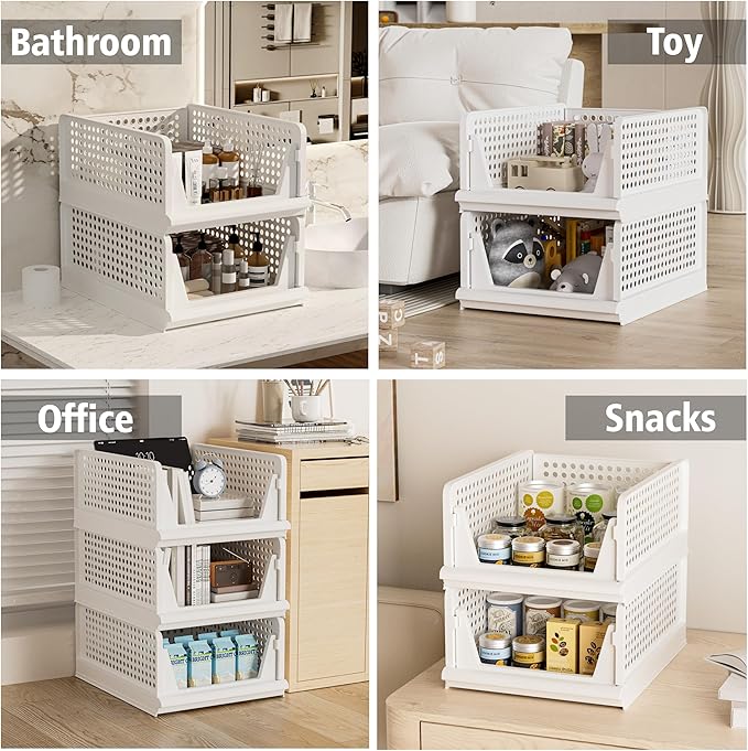 4 Pack Stackable Plastic Storage Basket Closet Organizer Bin Foldable Clothes Organizer Storage Drawer Shelf Container for Living Room Bathroom Kitchen Office (4S)