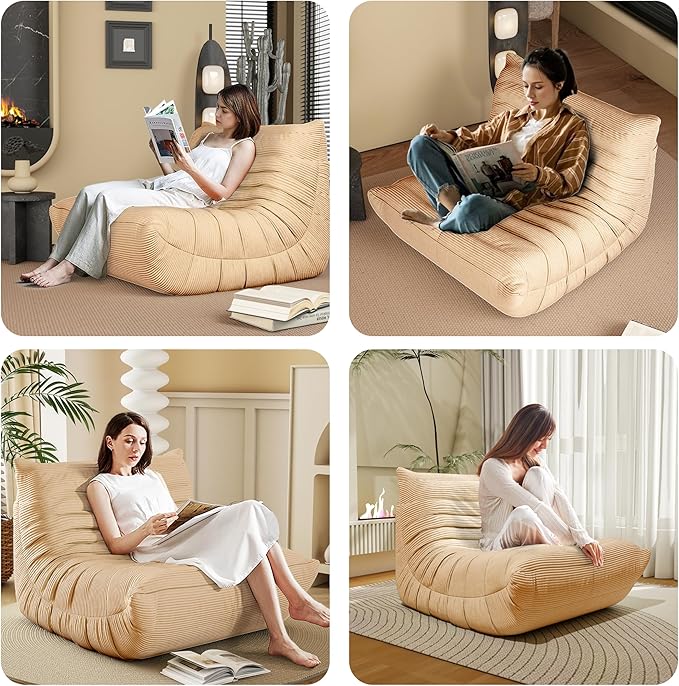 Bean Bag Chair, Lazy Floor Sofa Couch for Adults and Kids, Fireside Chair with Ergonomic Design, Memory Foam Lounge Chair for Living Room Bedroom, Office, Yellow