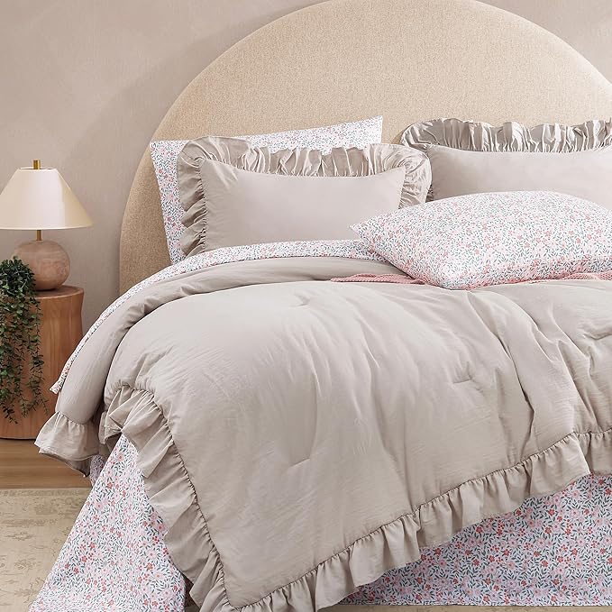 King Comforter Set - 7 Pieces Ruffle Beige Bedding Sets, Shabby Chic Farmhouse Bed in a Bag King with Ruffle Comforter, Floral Sheets, Pillowcases & Shams