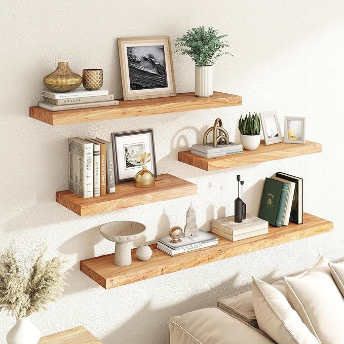 RICHFOCUS Elm Floating Shelves for Wall - 24" W x 9.3" D Rustic Solid Wood Shelves with Invisible Bracket, Wall-Mounted for Living Room, Bedroom, Kitchen Storage & Display, Set of 2, Natural
