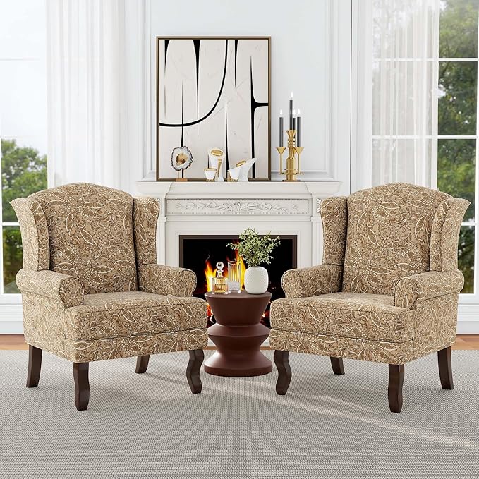 Accent Chair, High Back Upholstered Armchair with High Resilience Sponge & Wood Legs, Mid-Century Modern Comfy Single Sofa Reading Chairs for Living Room, Bedroom (Floral Light Brown, Set of 1)