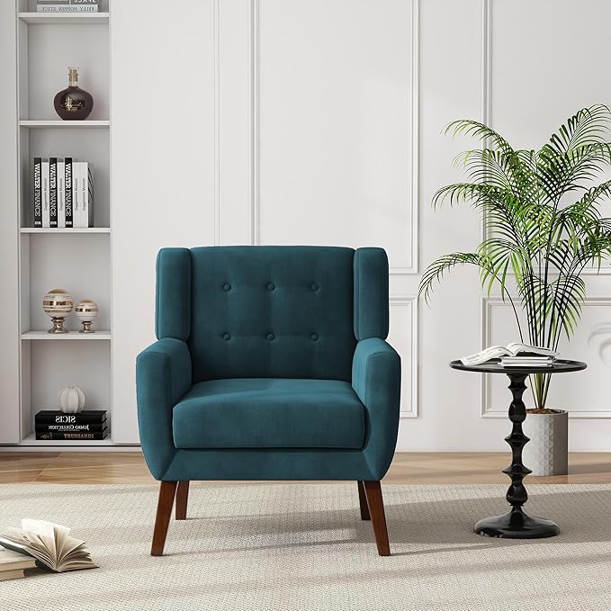 UIXE Accent Chair, Velvet Upholstered Armchair for Living Room, Modern Club Arm Chairs Comfy Single Sofa Button Tufted Bedroom Reading Seat - Blue, Set of 1