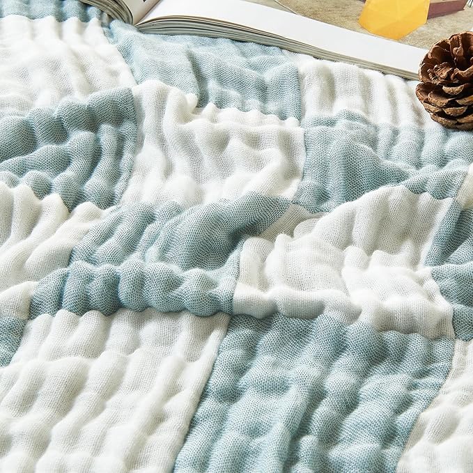 EMME Checkered Cotton Blanket Twin Large 60"x80" 100% Muslin for Couch Breathable Cooling Gauze All Season Soft and Lightweight (Teal)