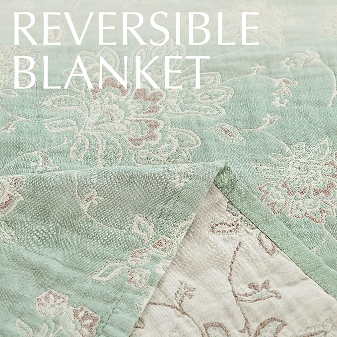 jinchan Boho 100% Cotton Muslin Queen Size 80x90 Inches Blanket Lightweight 4-Layer Quilted Soft Green and Beige Floral Throw Blanket Reversible Comfy Flower Rustic All Seasons Couch Bedroom Decor