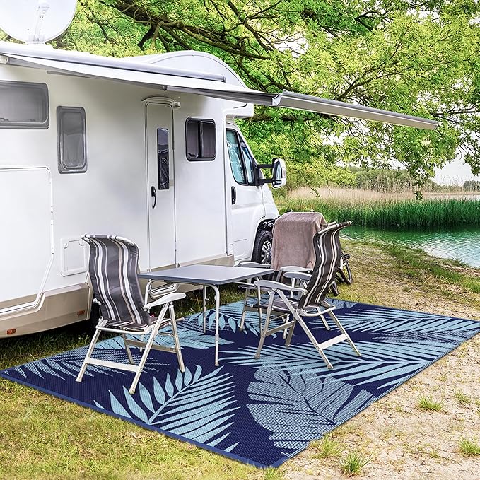 GENIMO Outdoor Rug 5' x 8' Waterproof for Patios Clearance, Reversible Outdoor Plastic Straw Camping Rug Carpet, Large Area Rugs Mats for RV, Camper, Deck, Balcony, Porch, Beach, Navy Blue&Baby Blue