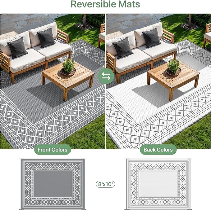 GENIMO Outdoor Rug Waterproof for Patio Decor, 8'x10' Reversible Outdoor Plastic Straw Rug Carpet, Camping Mats for Outdoor Decor, RV, Backyard, Deck, Balcony, Picnic, Grey & White