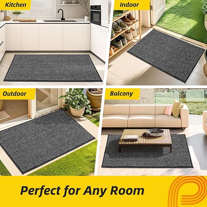 JSEI Dirt Trapper Door Mat 24"x36" Non-Slip Washable Entrance Mat, Dog Doormats, Absorbent & Fade-Resistant Floor Mats, Low Profile Welcome Mats for Entryway, Front Door, and Inside Entrance,Dark Grey