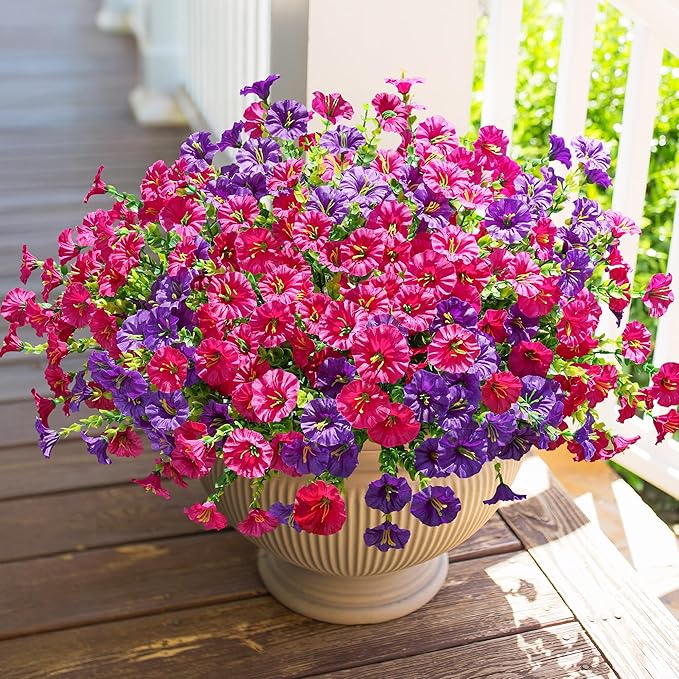 Artificial Flowers for Outdoors Fake Plants Outside Decoration, 12 Bundles Silk Colorful Morning Glory with Eucalyptus UV Resistant Realistic Faux Flowers for Planter Porch Patio Yard Garden