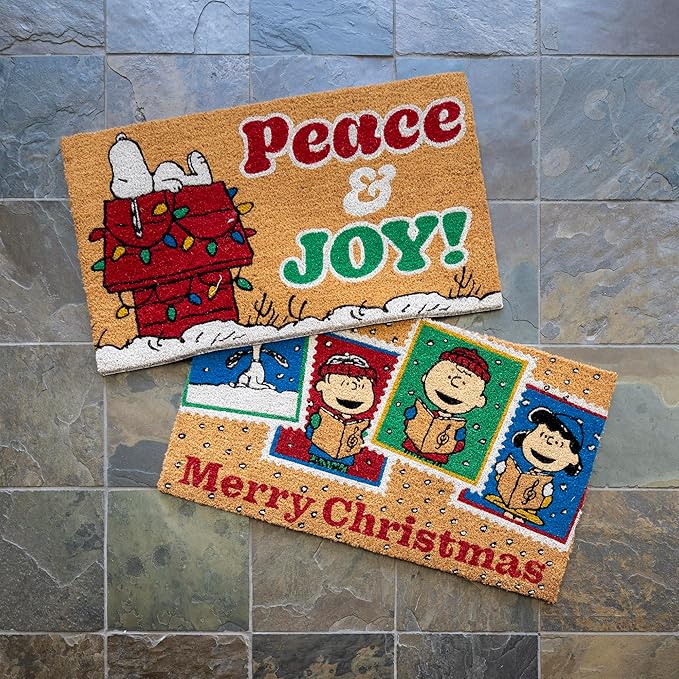 Gertmenian Peanuts Snoopy Coir Doormat - 2x3 Welcome Mat (2-Pack), Ideal for High Traffic Areas in Front Door, Garage, Entryway - Peace & Joy, 80023