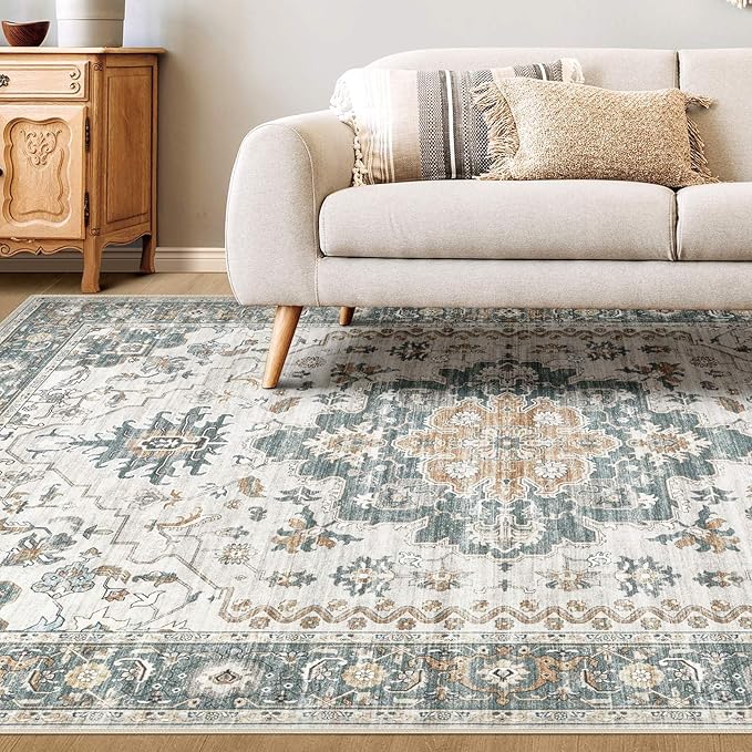 Washable Area Rugs for Living Room -10x14 Neutral Vintage Distressed Floral Farmhouse Boho Large Soft Floor Rug Indoor Non Slip Carpet for Living Room Bedroom Dining Room Office -Green/Grey