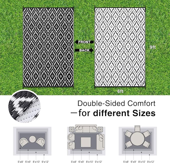 OLANLY Outdoor Rug 6x9 ft Waterproof, Outdoor Plastic Straw Rug with Geometric Pattern Clearance, Reversible RV Mat for Patio, Camping, Balcony, Deck, Backyard, Black & White