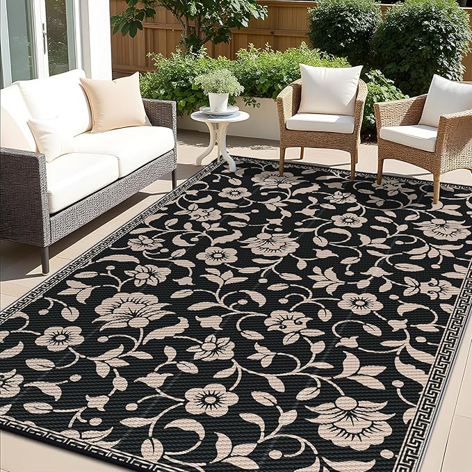 OLANLY Waterproof Outdoor Rug 6x9 ft, Outdoor Plastic Straw Rug with Flower Pattern, Reversible RV Mat for Patio, Camping, Balcony, Deck, Backyard, Black & Beige