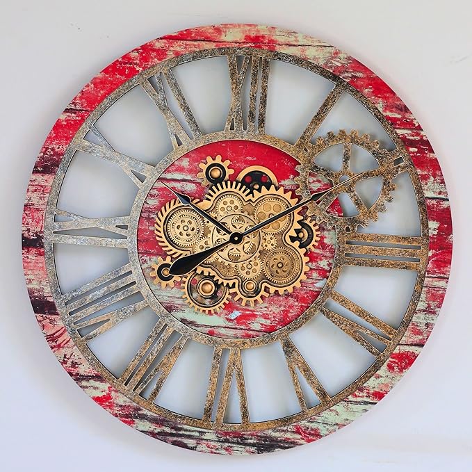 The Gears Clock 36'' Inch Real Moving Gear Wall Clock Vintage Industrial Oversized Rustic Farmhouse (Red Lava)