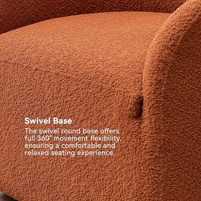 KINWELL 32" Wide Swivel Boucle Accent Chair Armchair, No Assembly Mid-Century Modern Round Upholstered Barrel Chair for Living Room, Bedroom, Office (Caramel)