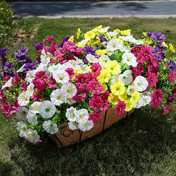 Artificial Flowers for Outdoors Fake Plants Outside Decoration, 12 Bundles Silk Colorful Morning Glory with Eucalyptus UV Resistant Realistic Faux Flowers for Planter Front Door Garden Yard