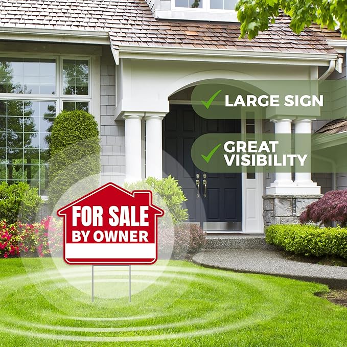 3PC For Sale By Owner Sign with Stakes, 17 Inches by 13 Inches - Double Sided Signs - Corrugated Plastic - FSBO Yard Sign for Home House Real Estate