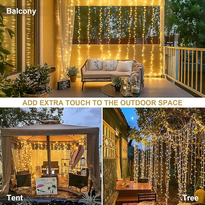JMEXSUSS 300 LED Remote Control Curtain Lights, Plug in Fairy Curtain Lights Outdoor, Window Wall Hanging String Lights for Bedroom Backdrop Wedding Party Indoor Christmas Patio Dorm Decor, Warm White