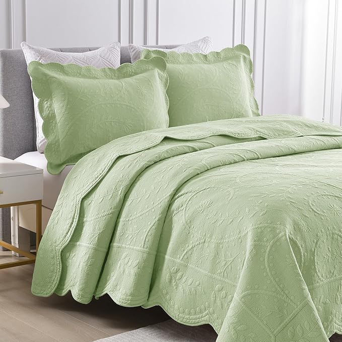 MarCielo 3-Piece 100% Cotton Oversized Bedspread Lightweight Quilt Coverlet Embroidery Farmhouse Bedding Set (TX Pale Green, Oversized King (118"x106"))