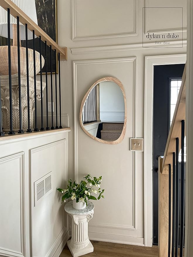 Irregular Wood Frame Boho Mirror - Large Wall Mounted Accent, Asymmetrical, Modern Aesthetic Wall Decor for Bedroom, Entryway, Living Room, Bathroom (Natural)